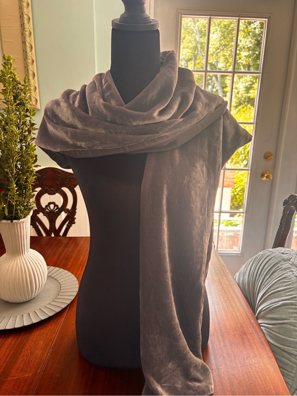 Lux Velvet Long Scarf Wrap Smoky gray matching silk reverse navy trim at ends